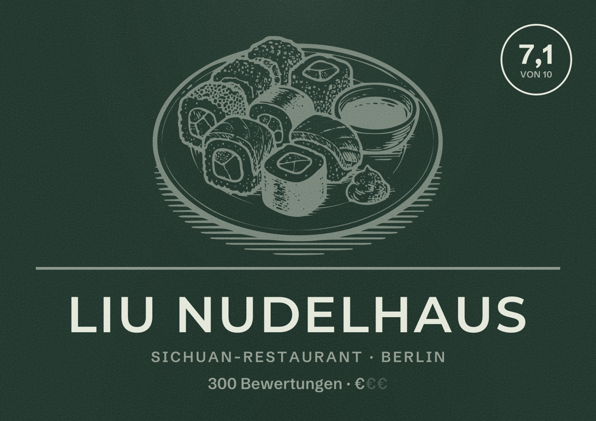 Illustriertes Poster von LIU Nudelhaus, Sichuan-Restaurant in Berlin: Bewertung 7,1 von 10 aus 300 Bewertungen, Preisniveau €