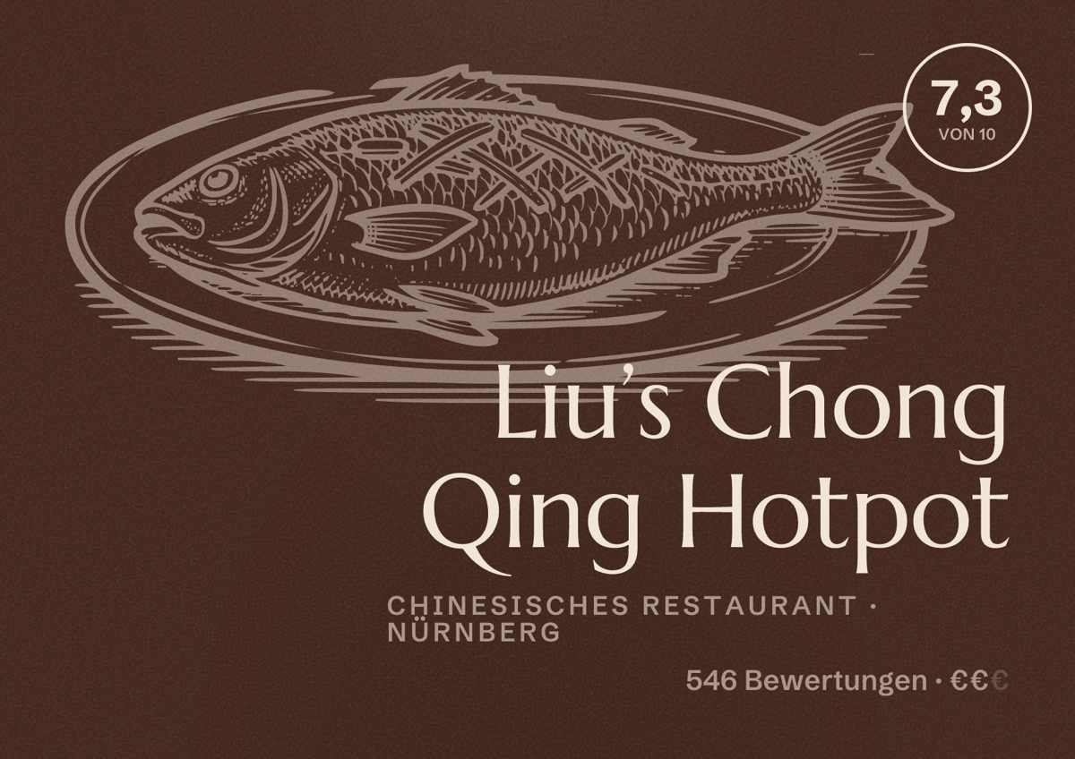 Illustriertes Poster von Liu’s Chong Qing Hotpot, Chinesisches Restaurant in Nürnberg: Bewertung 7,3 von 10 aus 546 Bewertungen, Preisniveau €€