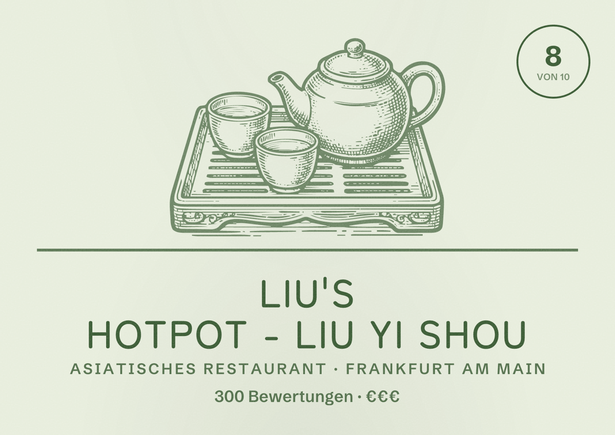 Illustriertes Poster von Liu's Hotpot - Liu Yi Shou, Asiatisches Restaurant in Frankfurt am Main: Bewertung 8,0 von 10 aus 300 Bewertungen, Preisniveau €€€