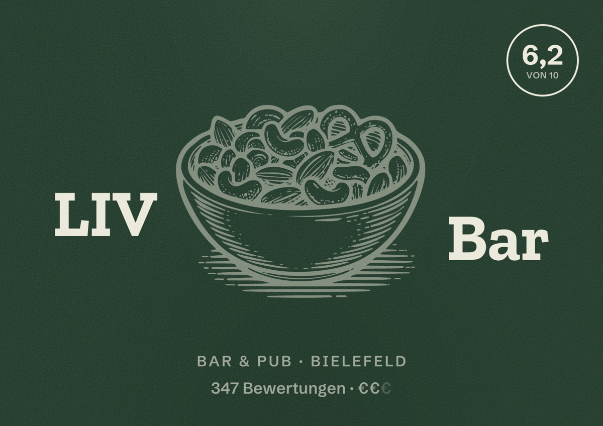 Illustriertes Poster von LIV Bar, Bar & Pub in Bielefeld: Bewertung 6,2 von 10 aus 347 Bewertungen, Preisniveau €€