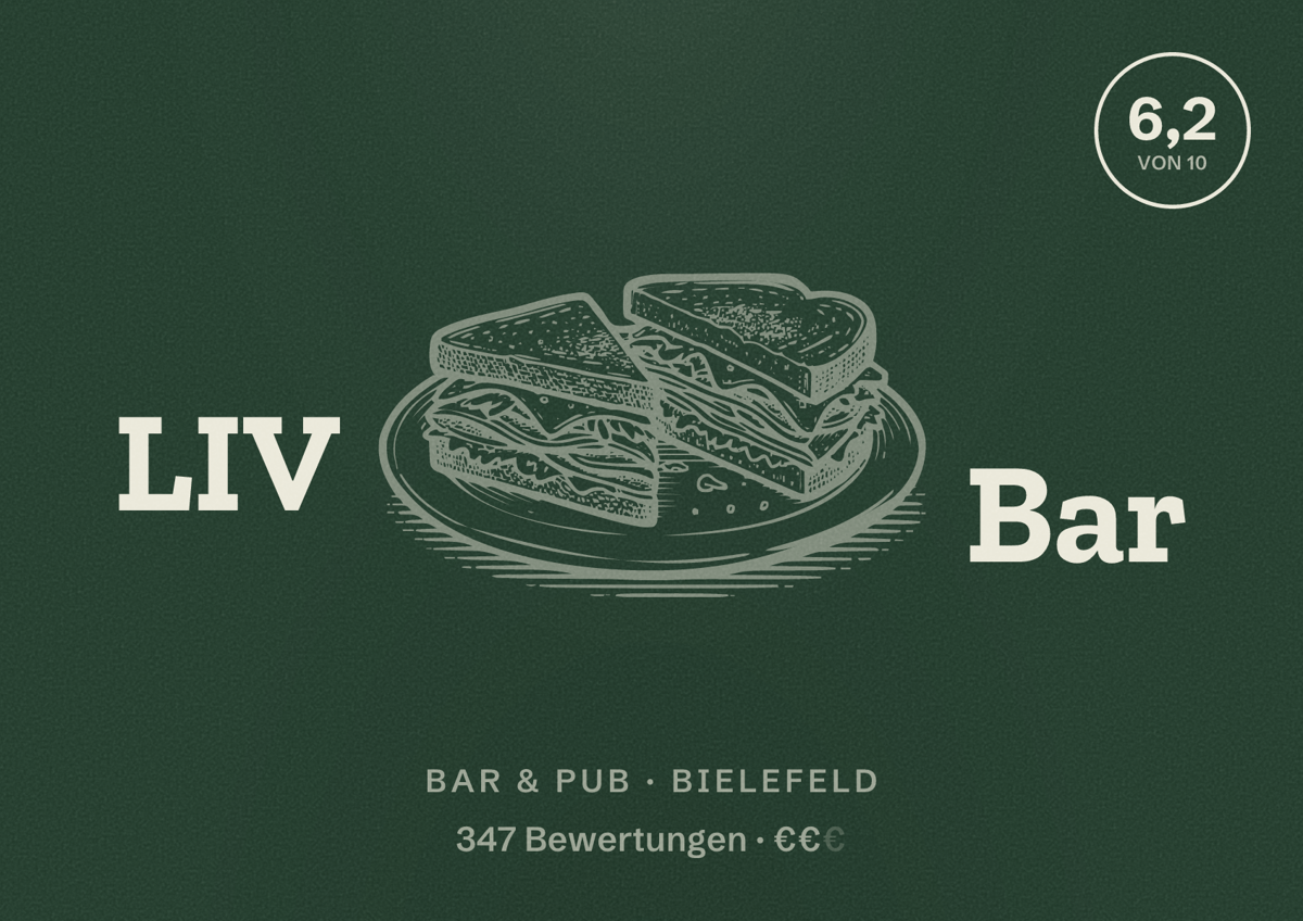 Illustriertes Poster von LIV Bar, Bar & Pub in Bielefeld: Bewertung 6,2 von 10 aus 347 Bewertungen, Preisniveau €€