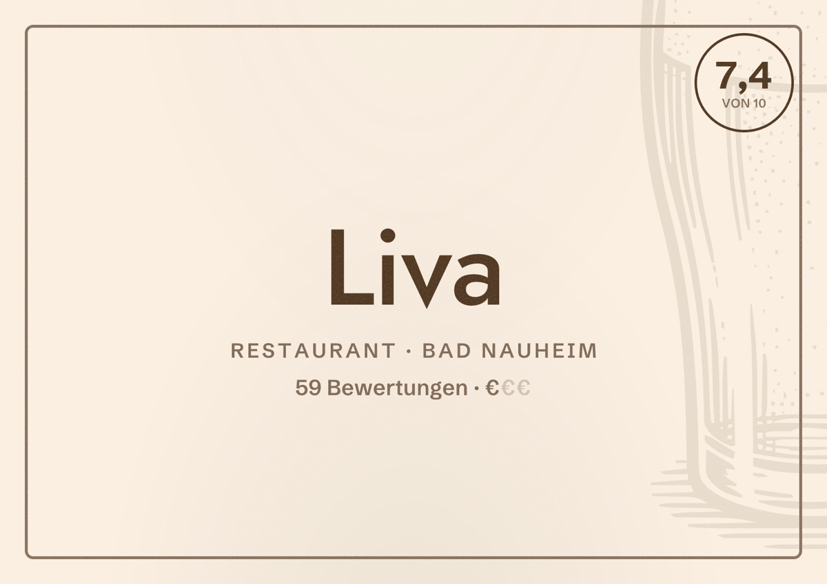 Illustriertes Poster von Liva, Restaurant in Bad Nauheim: Bewertung 7,4 von 10 aus 59 Bewertungen, Preisniveau €