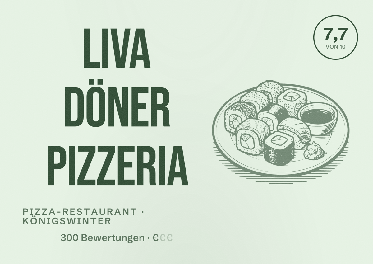 Illustriertes Poster von Liva Döner Pizzeria, Pizza-Restaurant in Königswinter: Bewertung 7,7 von 10 aus 300 Bewertungen, Preisniveau €