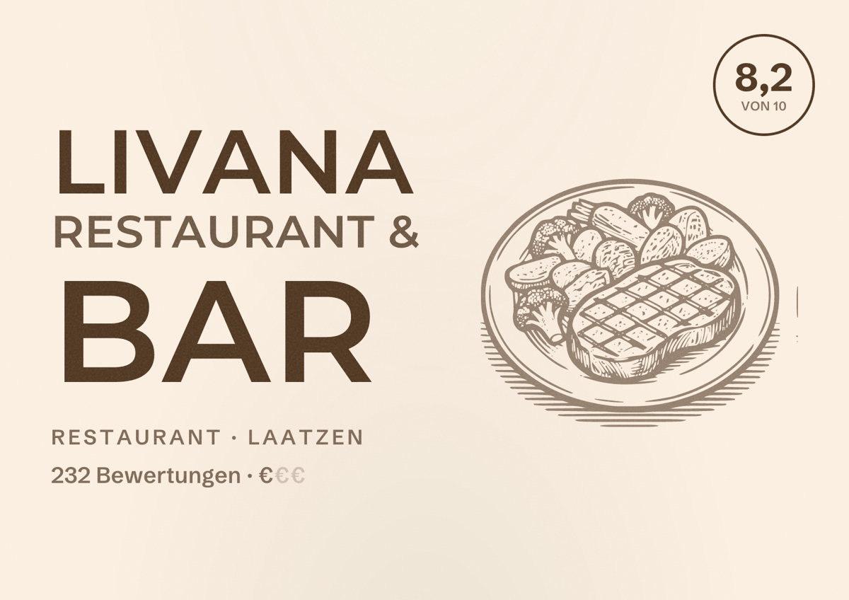 Illustriertes Poster von Livana Restaurant & Bar, Restaurant in Laatzen: Bewertung 8,2 von 10 aus 232 Bewertungen, Preisniveau €