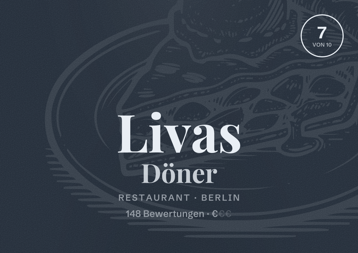 Illustriertes Poster von Livas Döner, Restaurant in Berlin: Bewertung 7,0 von 10 aus 148 Bewertungen, Preisniveau €