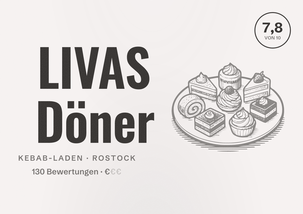 Illustriertes Poster von LIVAS Döner, Kebab-Laden in Rostock: Bewertung 7,8 von 10 aus 130 Bewertungen, Preisniveau €