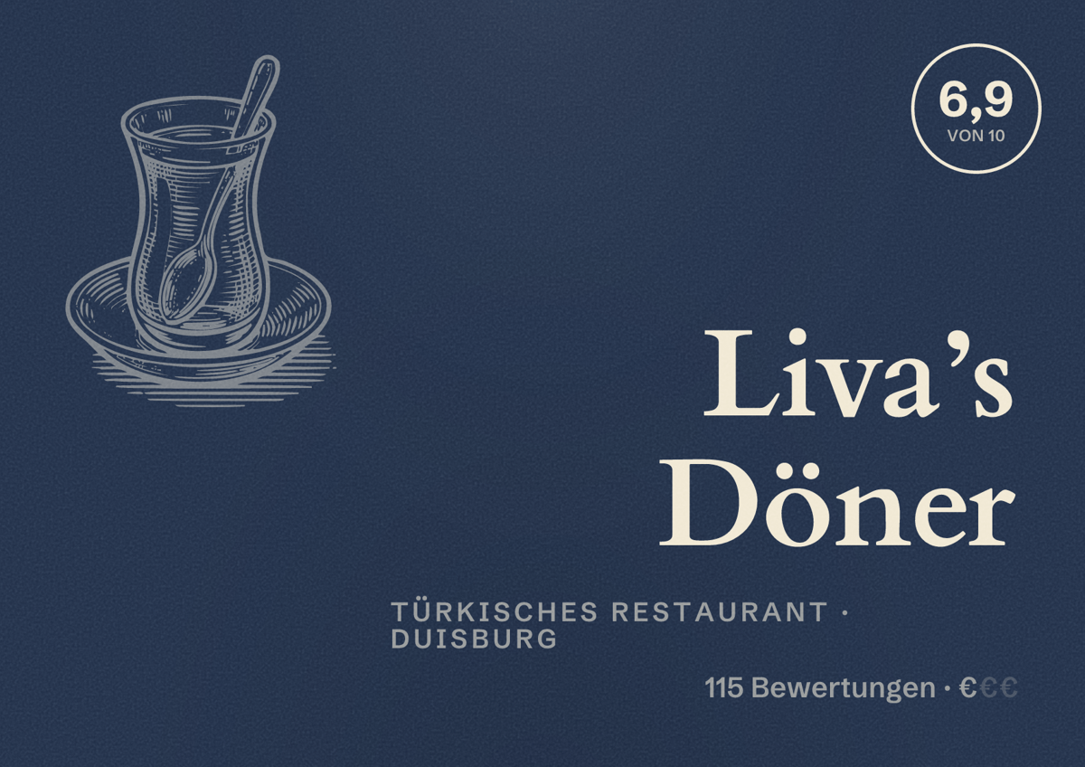 Illustriertes Poster von Liva’s Döner, Türkisches Restaurant in Duisburg: Gästebewertung 6,9 von 10 aus 115 Bewertungen