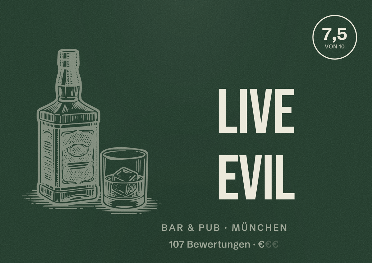 Illustriertes Poster von Live Evil, Bar & Pub in München: Bewertung 7,5 von 10 aus 107 Bewertungen, Preisniveau €