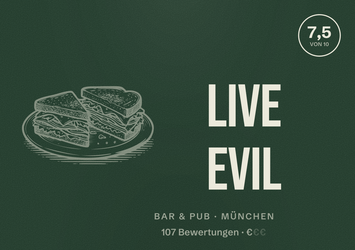 Illustriertes Poster von Live Evil, Bar & Pub in München: Bewertung 7,5 von 10 aus 107 Bewertungen, Preisniveau €