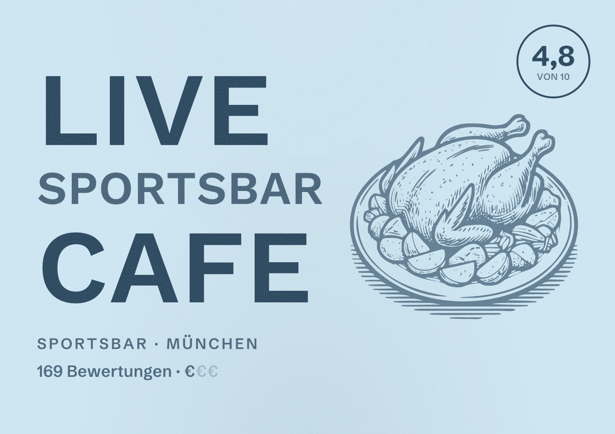 Illustriertes Poster von Live Sportsbar Cafe, Sportsbar in München: Bewertung 4,8 von 10 aus 169 Bewertungen, Preisniveau €