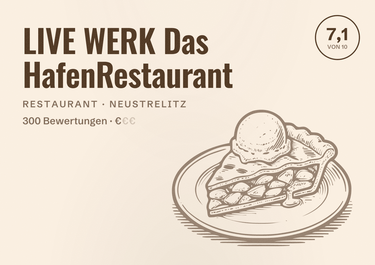 Illustriertes Poster von LIVE WERK Das HafenRestaurant, Restaurant in Neustrelitz: Bewertung 7,1 von 10 aus 300 Bewertungen, Preisniveau €
