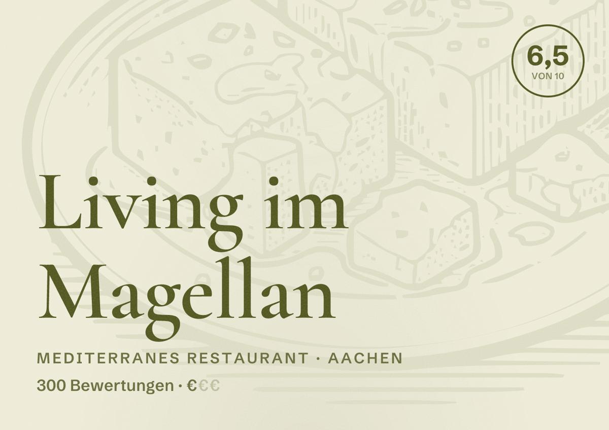 Illustriertes Poster von Living im Magellan, Mediterranes Restaurant in Aachen: Bewertung 6,5 von 10 aus 300 Bewertungen, Preisniveau €
