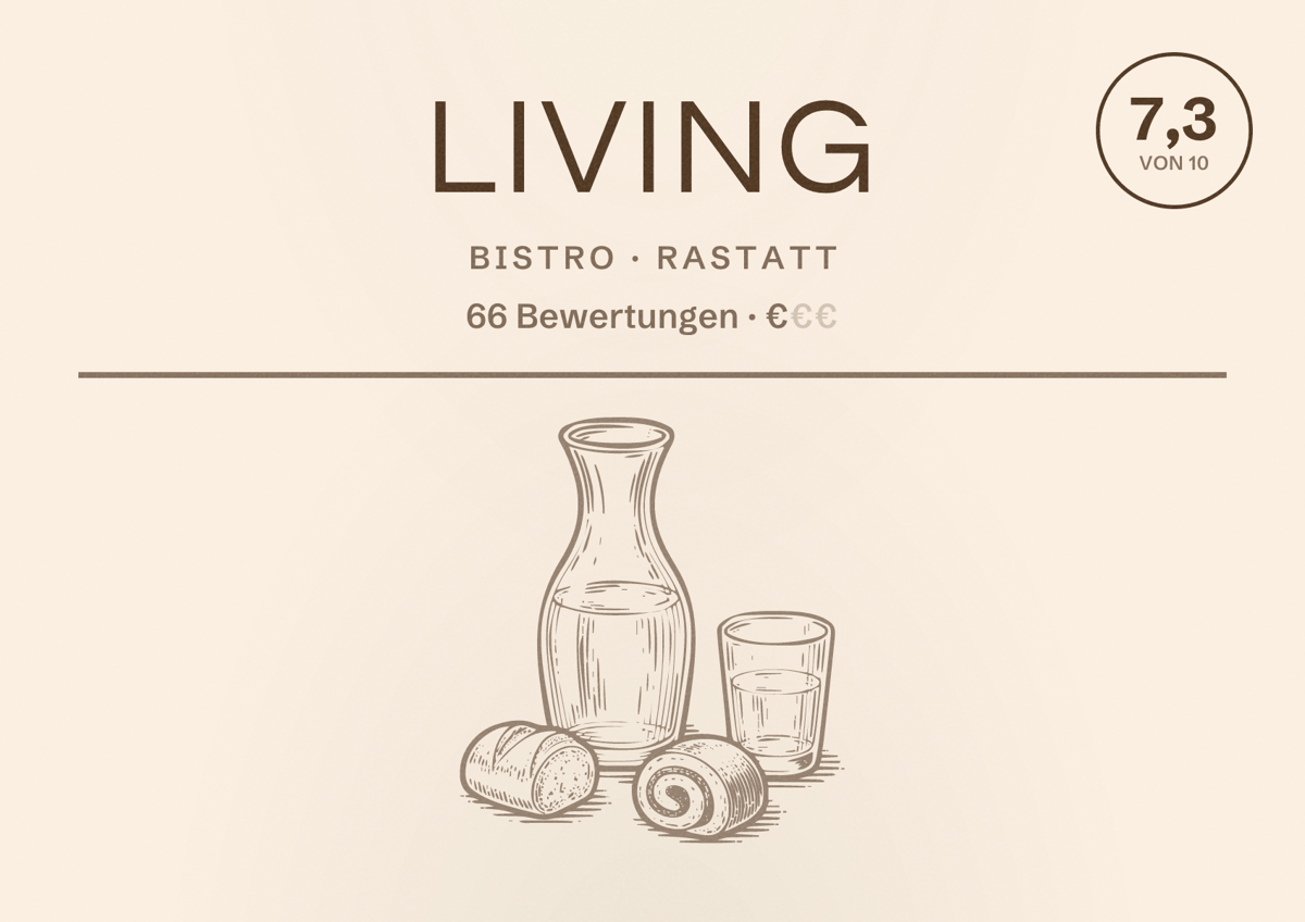 Illustriertes Poster von Living, Bistro in Rastatt: Bewertung 7,3 von 10 aus 66 Bewertungen, Preisniveau €
