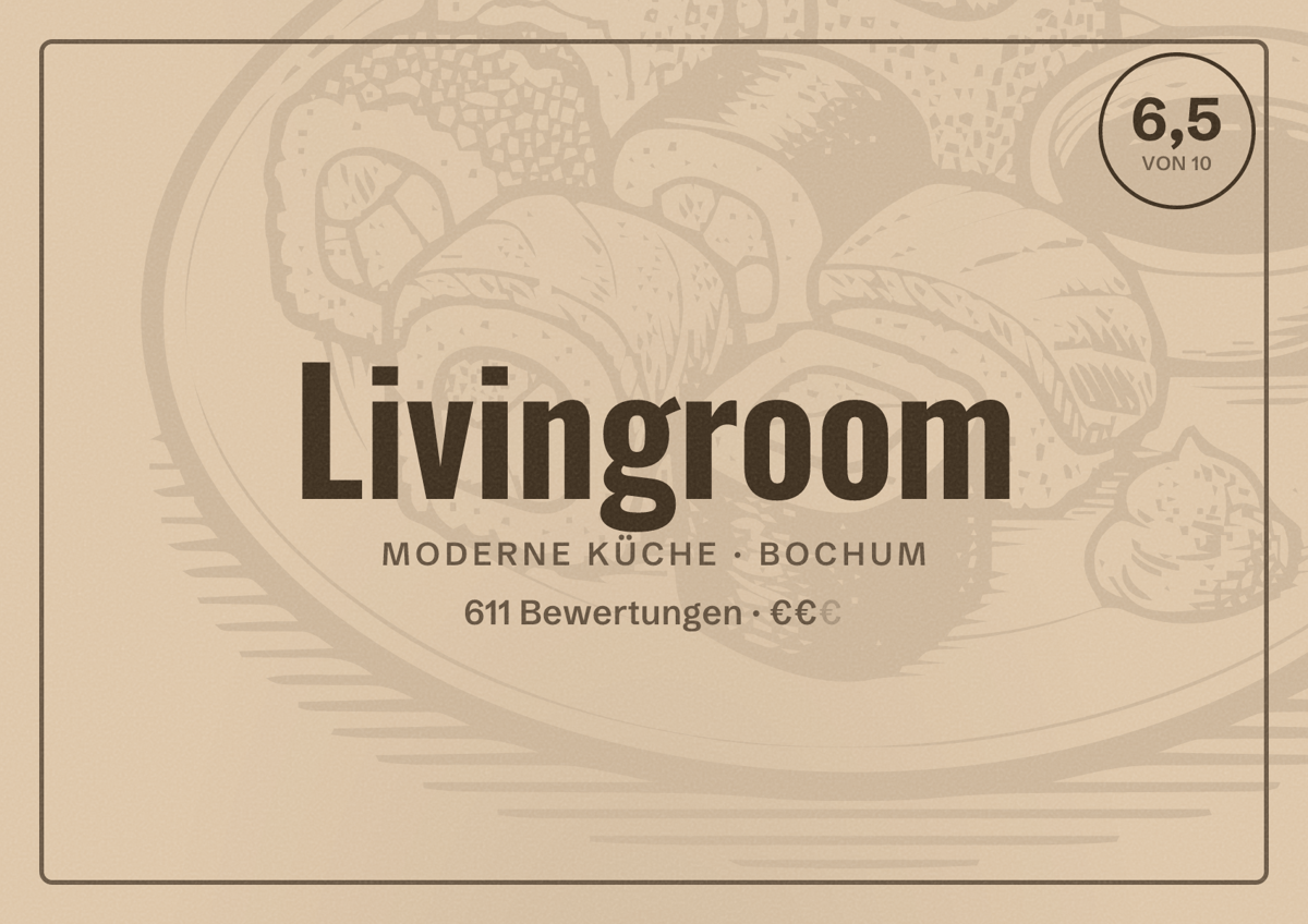 Illustriertes Poster von Livingroom, Moderne Küche in Bochum: Bewertung 6,5 von 10 aus 611 Bewertungen, Preisniveau €€