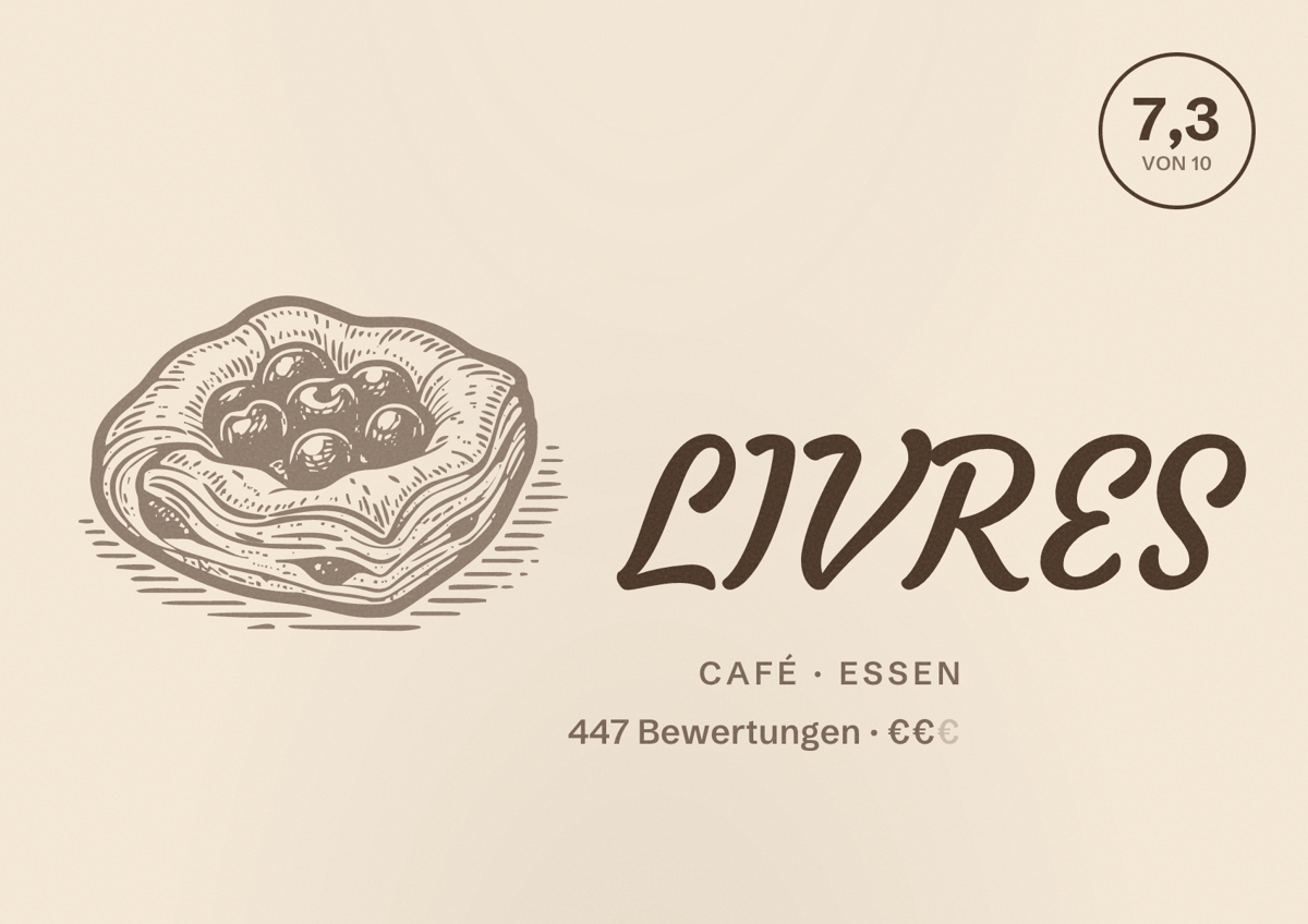 Illustriertes Poster von LIVRES, Café in Essen: Bewertung 7,3 von 10 aus 447 Bewertungen, Preisniveau €€