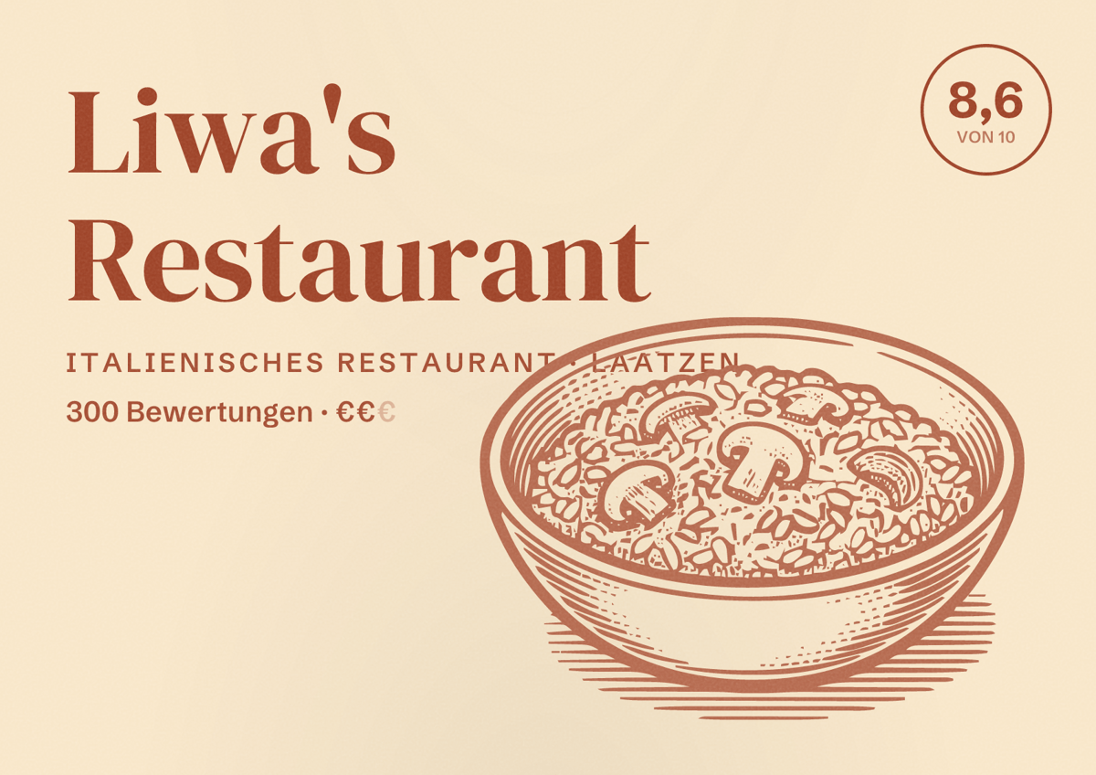 Illustriertes Poster von Liwa's Restaurant, Italienisches Restaurant in Laatzen: Bewertung 8,6 von 10 aus 300 Bewertungen, Preisniveau €€