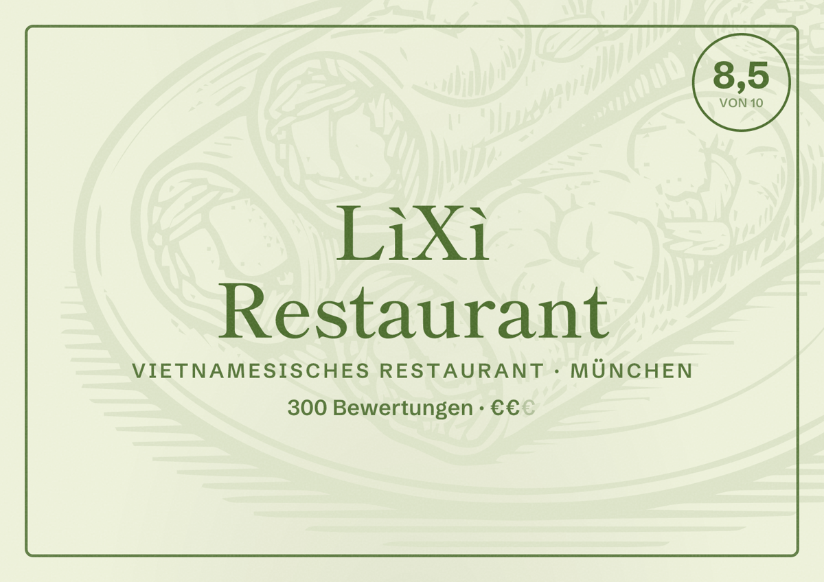 Illustriertes Poster von LìXì Restaurant, Vietnamesisches Restaurant in München: Bewertung 8,5 von 10 aus 300 Bewertungen, Preisniveau €€