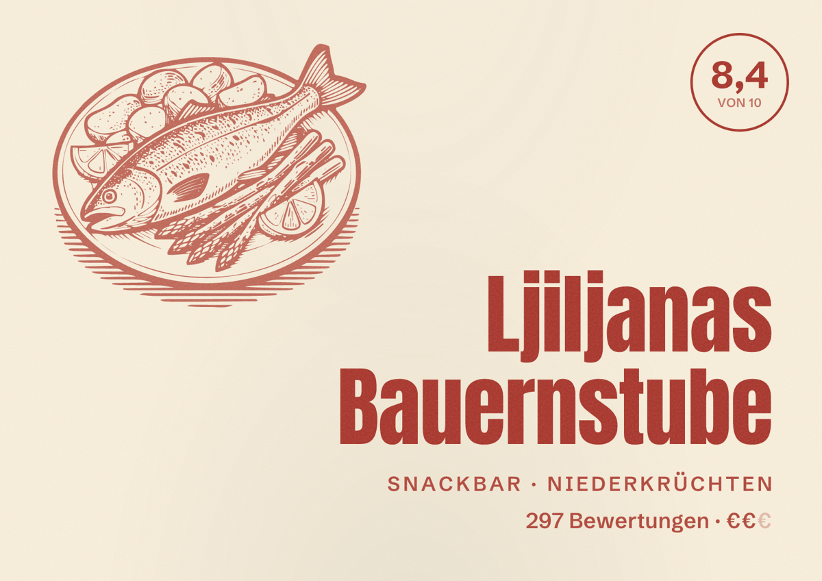 Illustriertes Poster von Ljiljanas Bauernstube, Snackbar in Niederkrüchten: Bewertung 8,4 von 10 aus 297 Bewertungen, Preisniveau €€