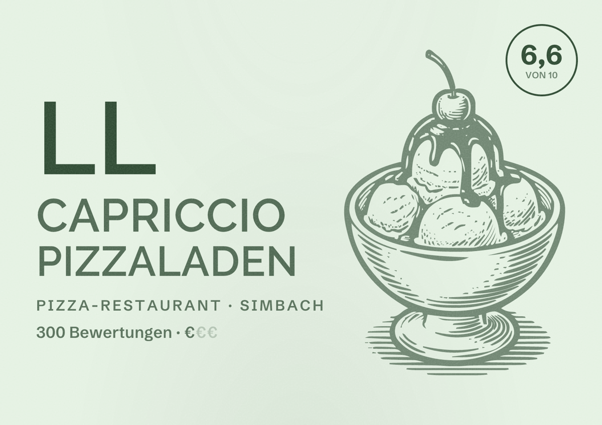 Illustriertes Poster von ll Capriccio pizzaladen, Pizza-Restaurant in Simbach: Bewertung 6,6 von 10 aus 300 Bewertungen, Preisniveau €