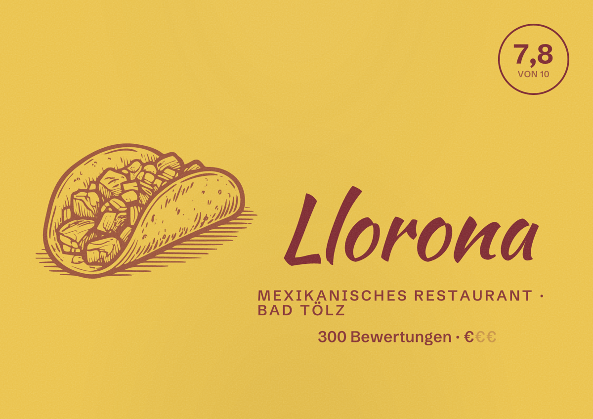 Illustriertes Poster von Llorona, Mexikanisches Restaurant in Bad Tölz: Bewertung 7,8 von 10 aus 300 Bewertungen, Preisniveau €