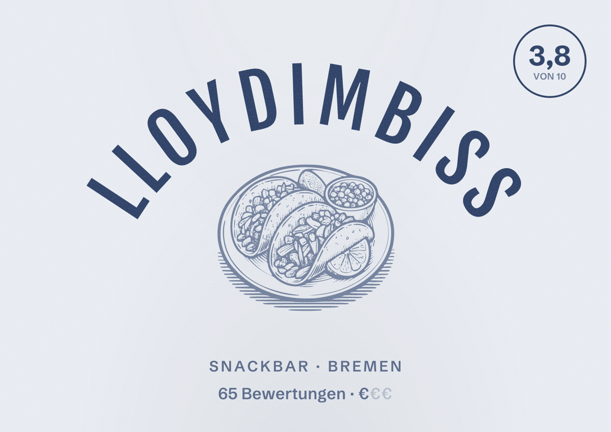 Illustriertes Poster von Lloydimbiss, Snackbar in Bremen: Bewertung 3,8 von 10 aus 65 Bewertungen, Preisniveau €