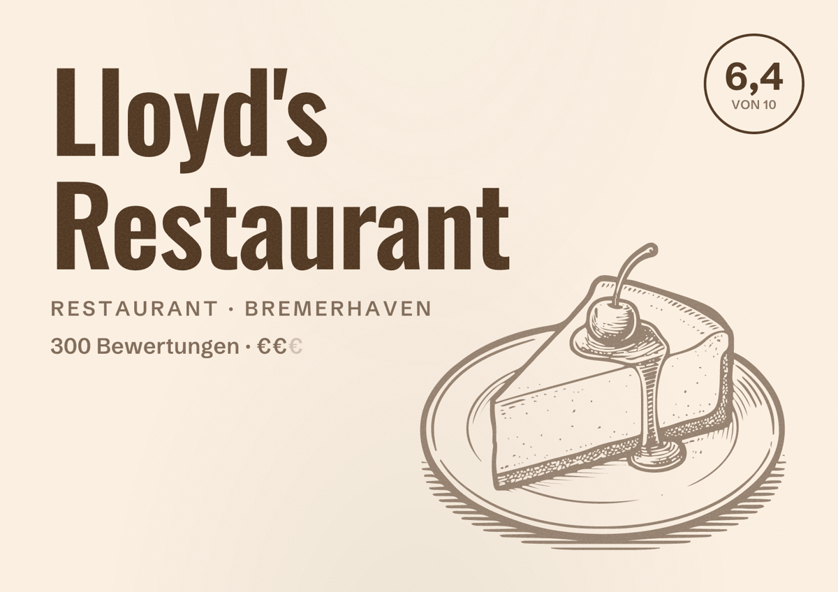 Illustriertes Poster von Lloyd's Restaurant, Restaurant in Bremerhaven: Bewertung 6,4 von 10 aus 300 Bewertungen, Preisniveau €€