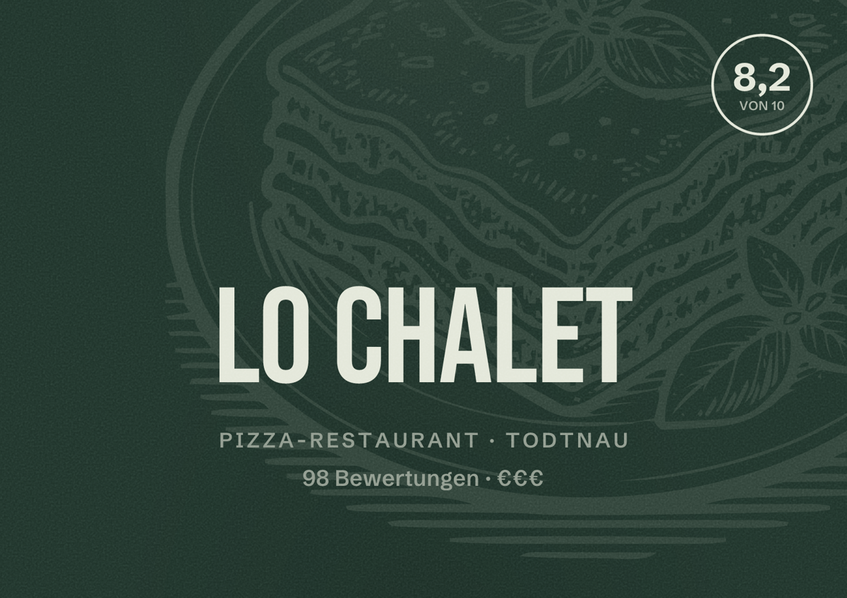 Illustriertes Poster von lo Chalet, Pizza-Restaurant in Todtnau: Bewertung 8,2 von 10 aus 98 Bewertungen, Preisniveau €€€