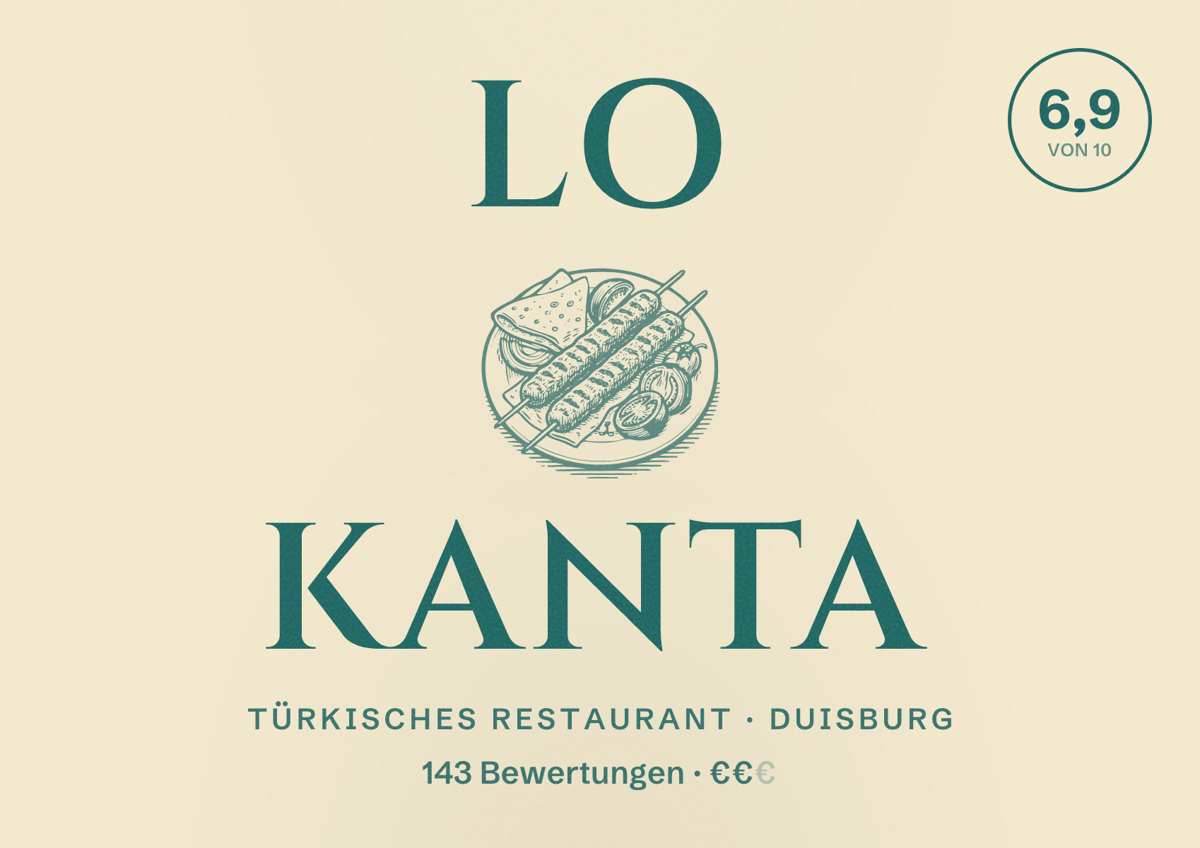 Illustriertes Poster von Lo Kanta, Türkisches Restaurant in Duisburg: Bewertung 6,9 von 10 aus 143 Bewertungen, Preisniveau €€