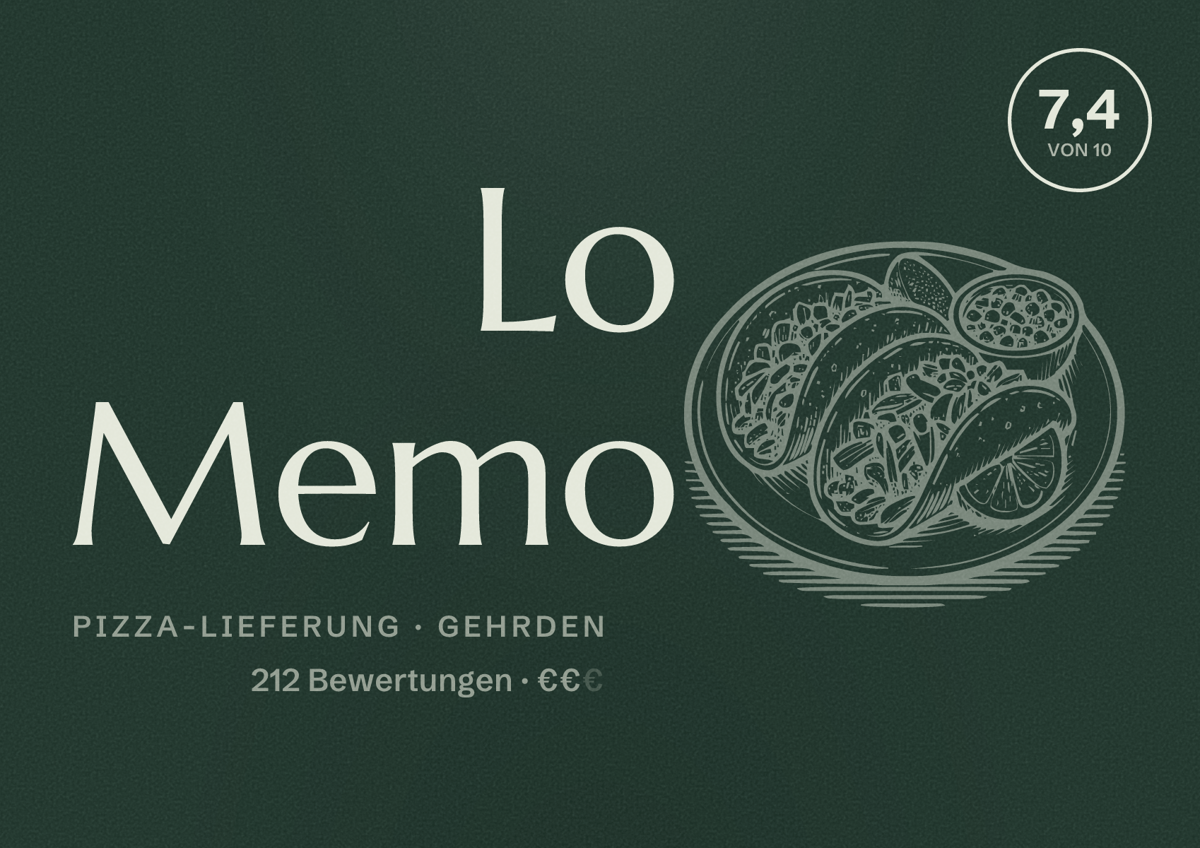 Illustriertes Poster von Lo Memo, Pizza-Lieferung in Gehrden: Bewertung 7,4 von 10 aus 212 Bewertungen, Preisniveau €€