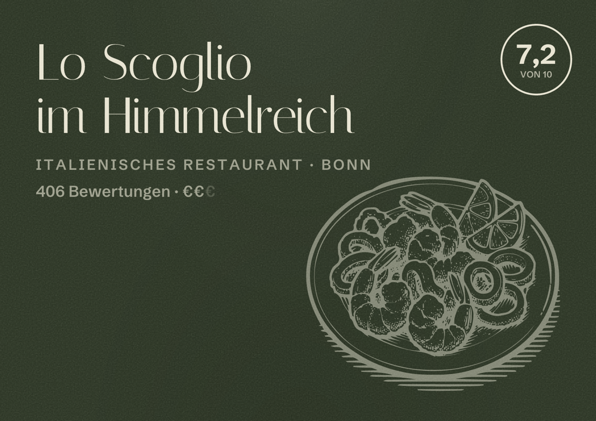 Illustriertes Poster von Lo Scoglio im Himmelreich, Italienisches Restaurant in Bonn: Bewertung 7,2 von 10 aus 406 Bewertungen, Preisniveau €€