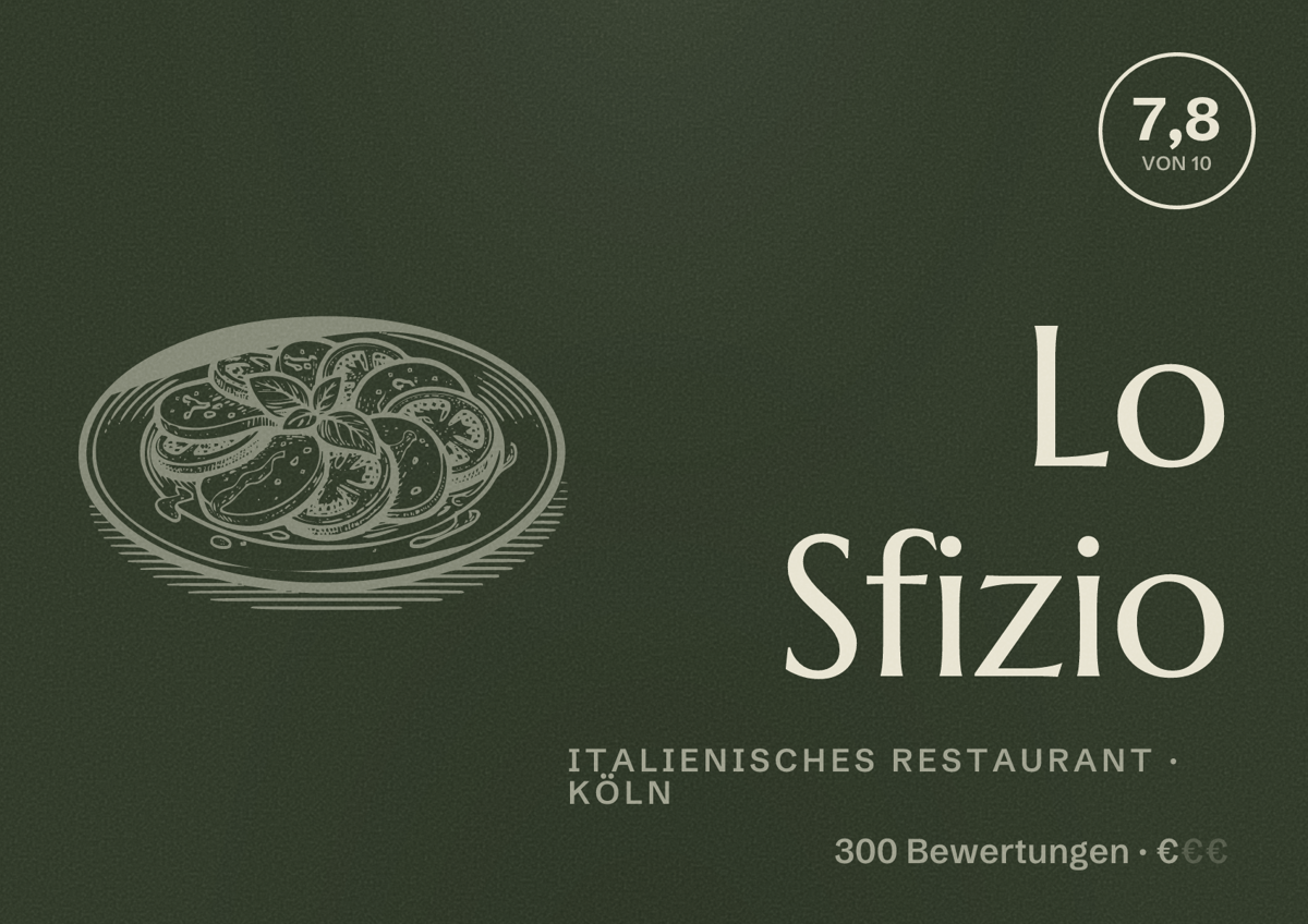 Illustriertes Poster von Lo Sfizio, Italienisches Restaurant in Köln: Bewertung 7,8 von 10 aus 300 Bewertungen, Preisniveau €