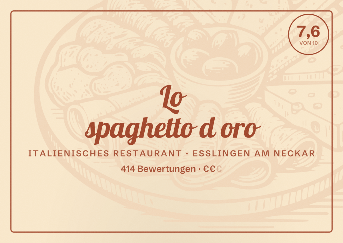 Illustriertes Poster von Lo spaghetto d oro, Italienisches Restaurant in Esslingen am Neckar: Bewertung 7,6 von 10 aus 414 Bewertungen, Preisniveau €€