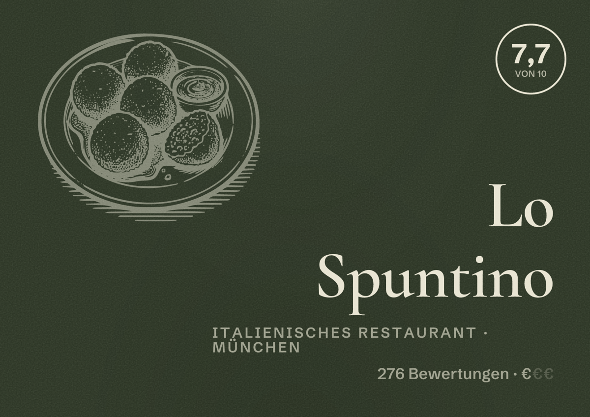 Illustriertes Poster von Lo Spuntino, Italienisches Restaurant in München: Bewertung 7,7 von 10 aus 276 Bewertungen, Preisniveau €