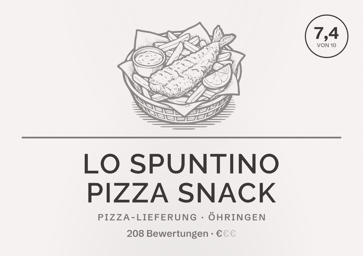Illustriertes Poster von Lo Spuntino Pizza Snack, Pizza-Lieferung in Öhringen: Bewertung 7,4 von 10 aus 208 Bewertungen, Preisniveau €