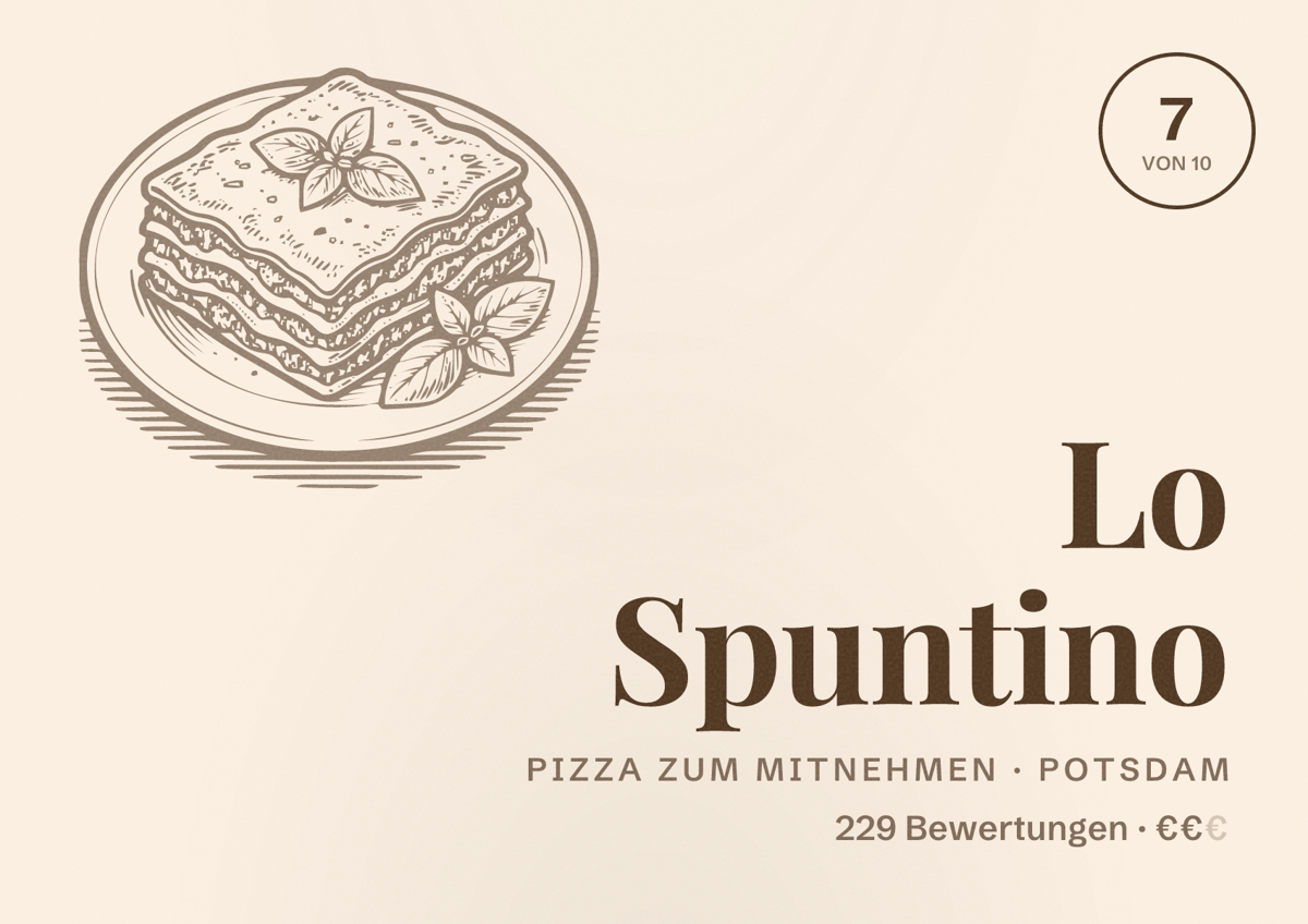 Illustriertes Poster von Lo Spuntino, Pizza zum Mitnehmen in Potsdam: Bewertung 7 von 10 aus 229 Bewertungen, Preisniveau €€