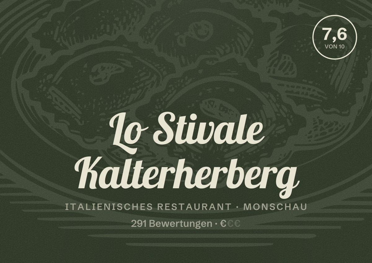 Illustriertes Poster von Lo Stivale Kalterherberg, Italienisches Restaurant in Monschau: Bewertung 7,6 von 10 aus 291 Bewertungen, Preisniveau €