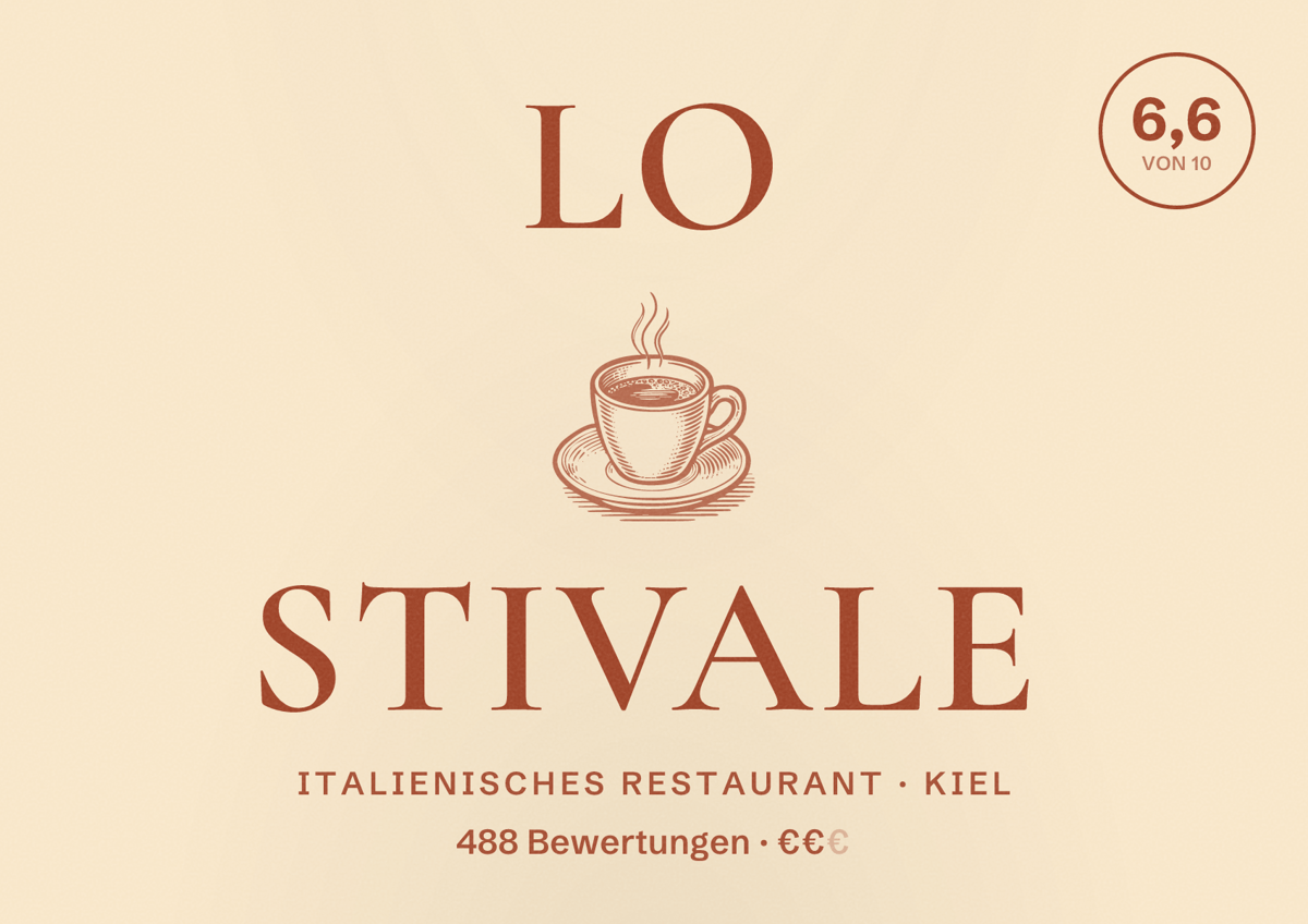 Illustriertes Poster von Lo Stivale, Italienisches Restaurant in Kiel: Bewertung 6,6 von 10 aus 488 Bewertungen, Preisniveau €€
