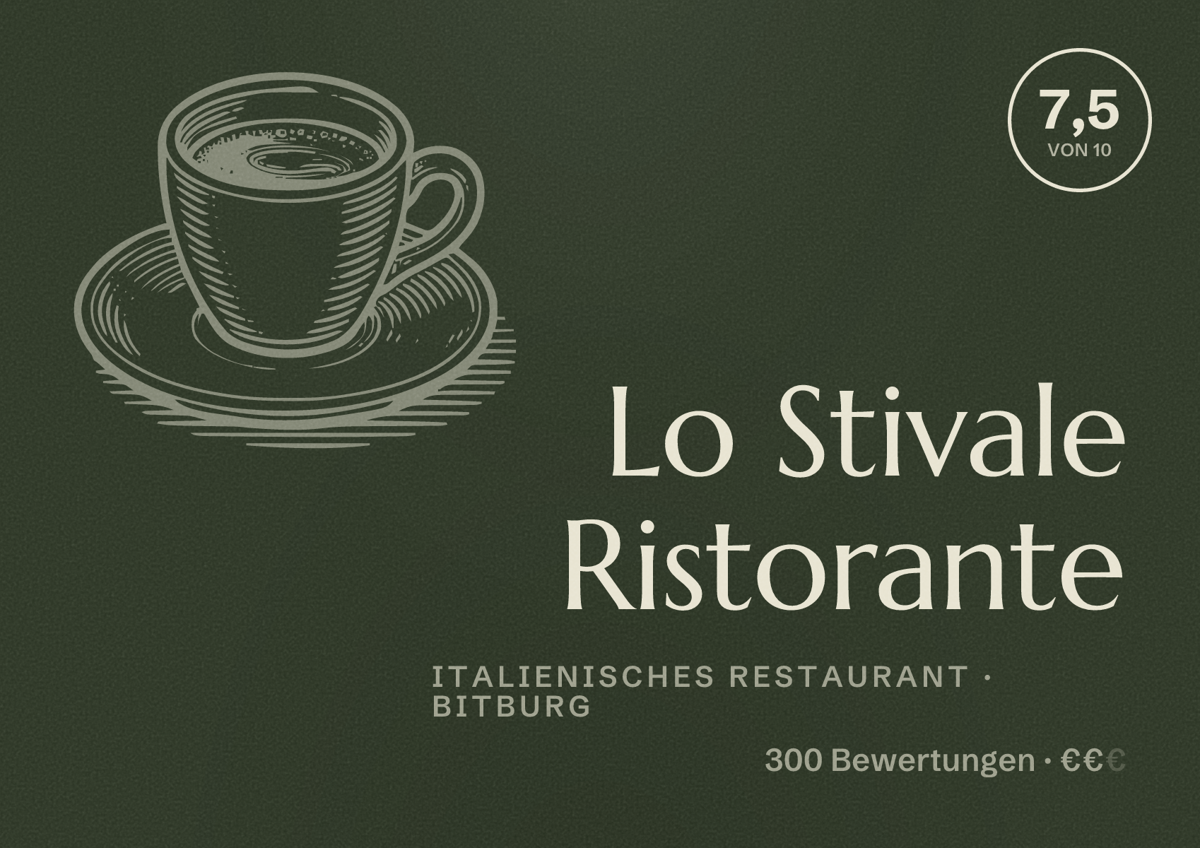 Illustriertes Poster von Lo Stivale Ristorante, Italienisches Restaurant in Bitburg: Bewertung 7,5 von 10 aus 300 Bewertungen, Preisniveau €€