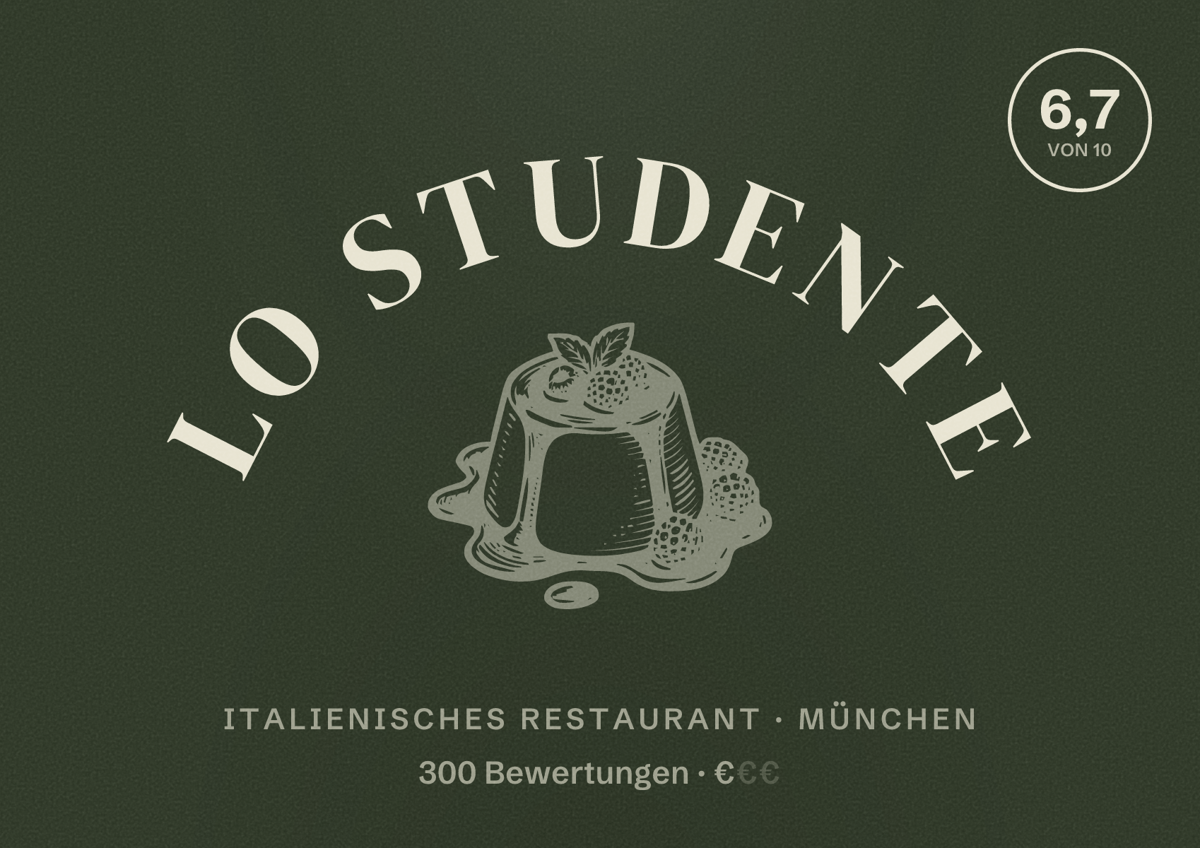Illustriertes Poster von Lo Studente, Italienisches Restaurant in München: Bewertung 6,7 von 10 aus 300 Bewertungen, Preisniveau €