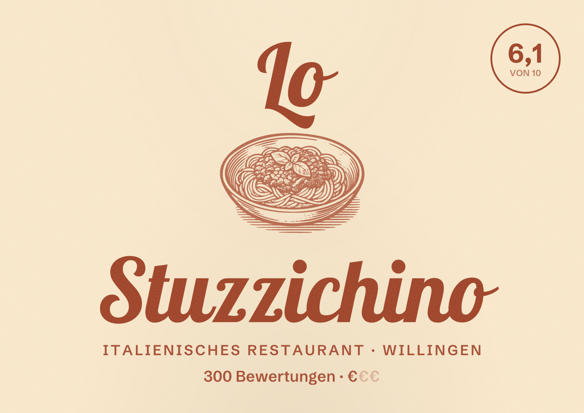 Illustriertes Poster von Lo Stuzzichino, Italienisches Restaurant in Willingen: Bewertung 6,1 von 10 aus 300 Bewertungen, Preisniveau €