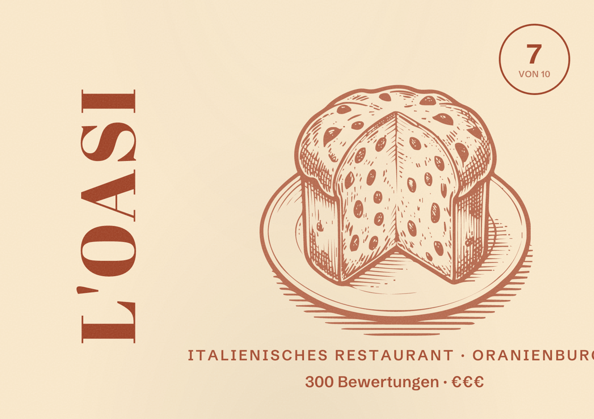 Illustriertes Poster von L'Oasi, Italienisches Restaurant in Oranienburg: Bewertung 7 von 10 aus 300 Bewertungen, Preisniveau €€€