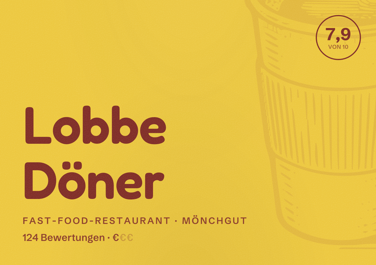 Illustriertes Poster von Lobbe Döner, Fast-Food-Restaurant in Mönchgut: Bewertung 7,9 von 10 aus 124 Bewertungen, Preisniveau €