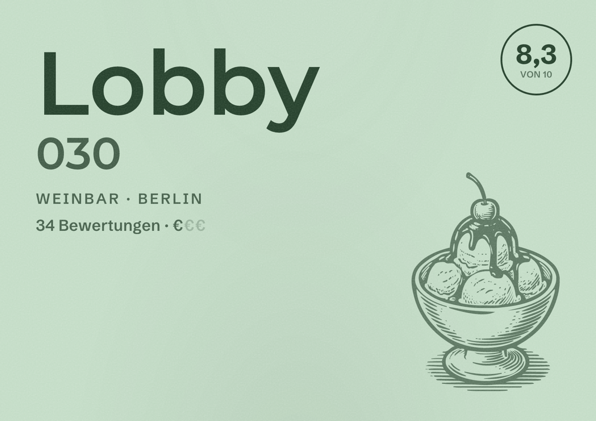 Illustriertes Poster von Lobby 030, Weinbar in Berlin: Bewertung 8,3 von 10 aus 34 Bewertungen, Preisniveau €