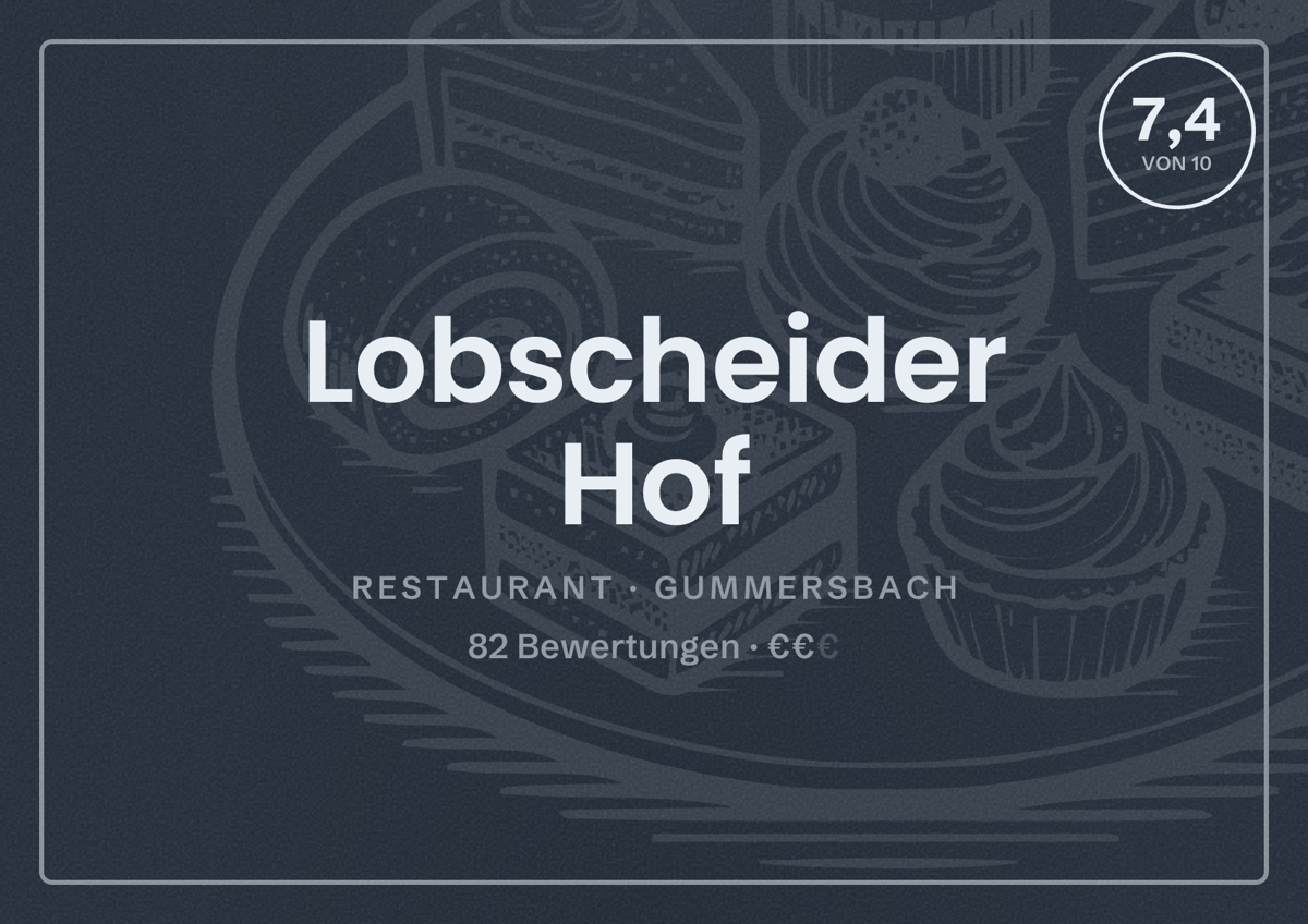 Illustriertes Poster von Lobscheider Hof, Restaurant in Gummersbach: Bewertung 7,4 von 10 aus 82 Bewertungen, Preisniveau €€