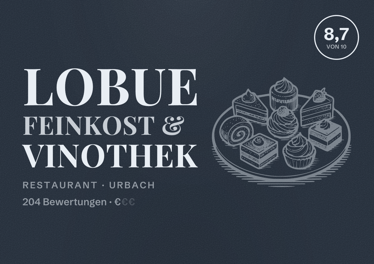 Illustriertes Poster von Lobue Feinkost & Vinothek, Restaurant in Urbach: Bewertung 8,7 von 10 aus 204 Bewertungen, Preisniveau €
