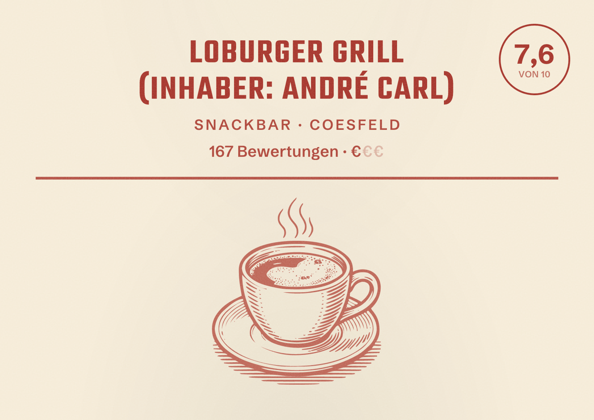 Illustriertes Poster von Loburger Grill (Inhaber: André Carl), Snackbar in Coesfeld: Bewertung 7,6 von 10 aus 167 Bewertungen, Preisniveau €