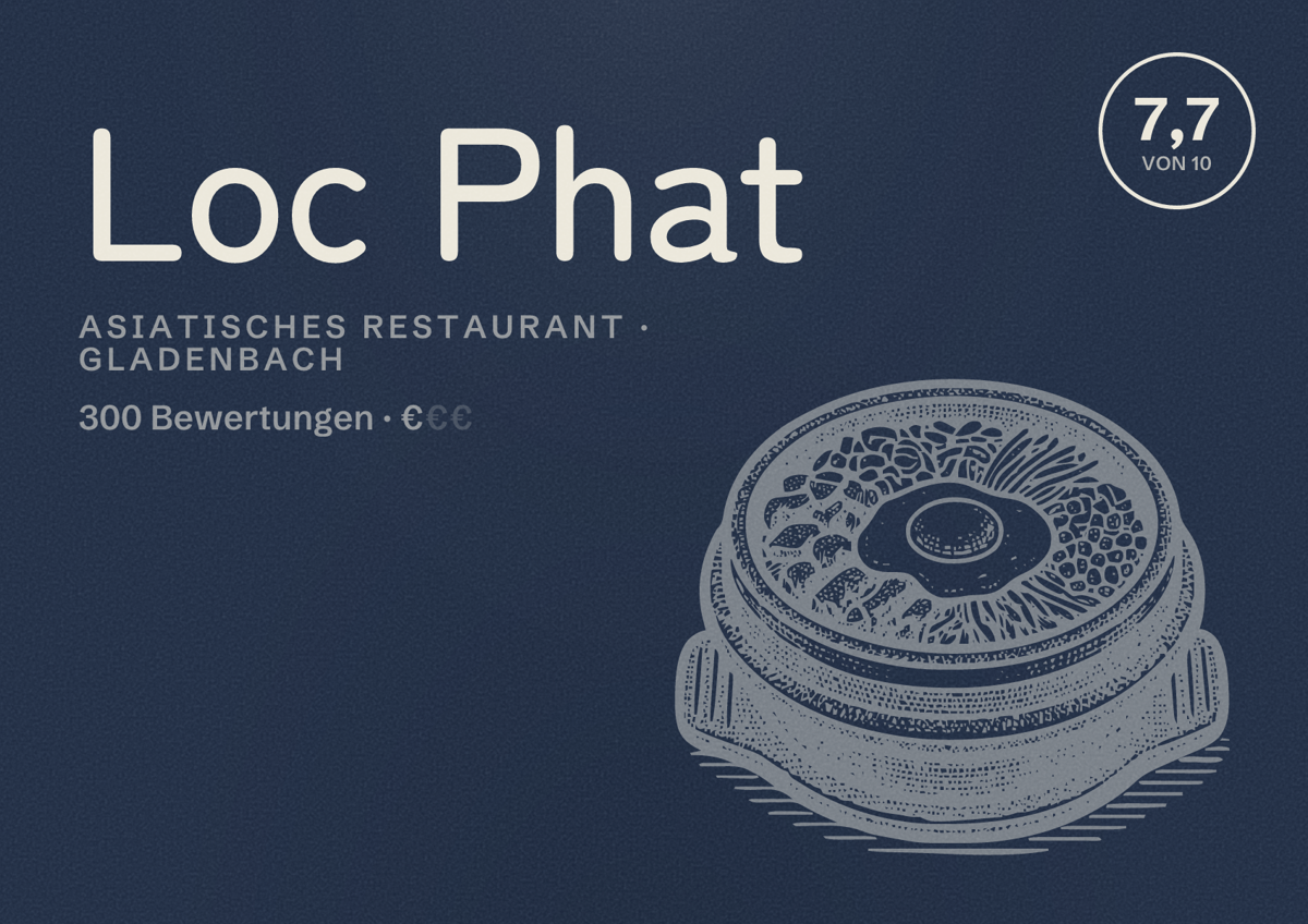 Illustriertes Poster von Loc Phat, Asiatisches Restaurant in Gladenbach: Bewertung 7,7 von 10 aus 300 Bewertungen, Preisniveau €
