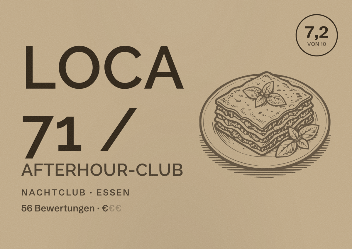 Illustriertes Poster von Loca 71 / Afterhour-Club, Nachtclub in Essen: Bewertung 7,2 von 10 aus 56 Bewertungen, Preisniveau €