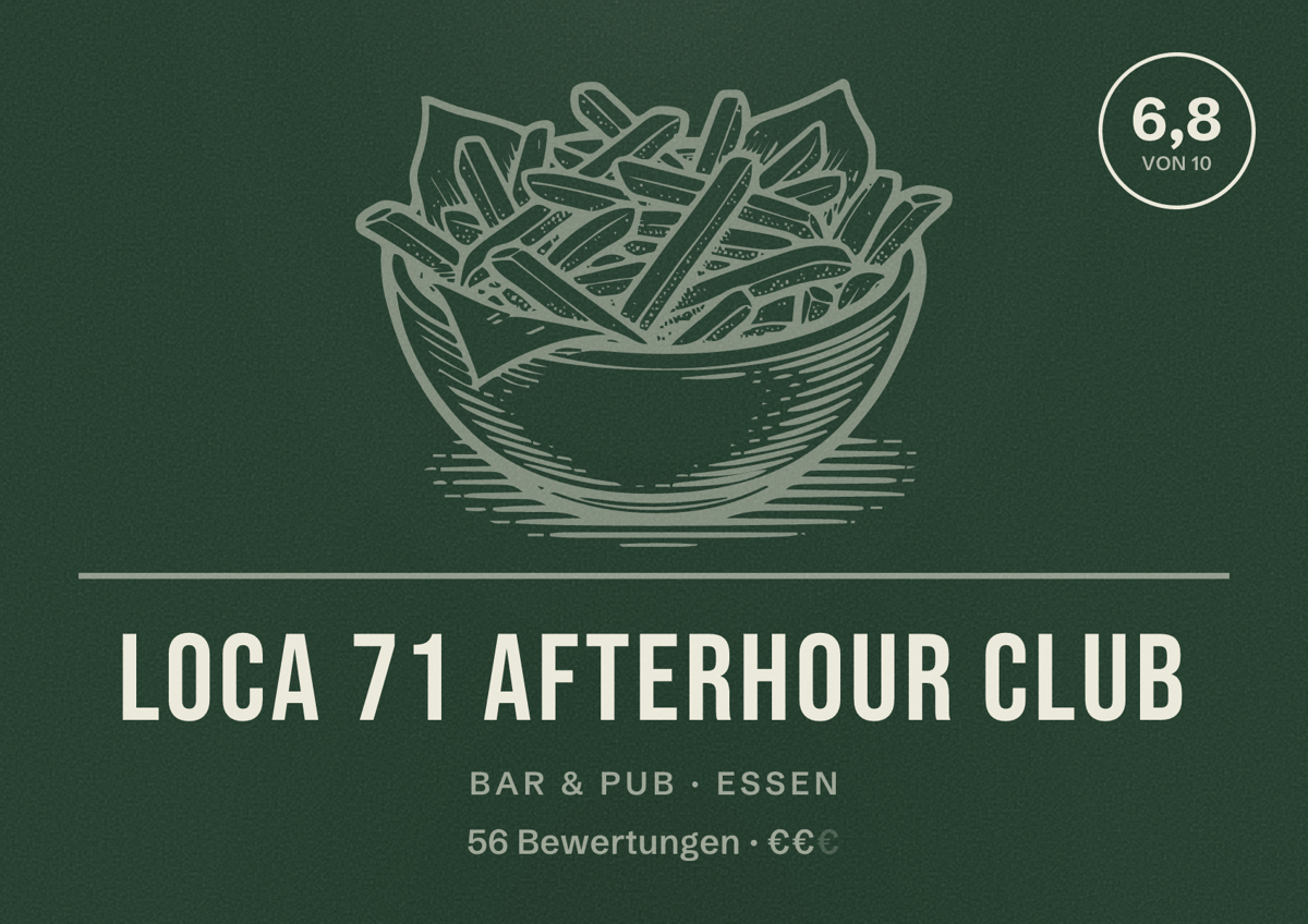 Illustriertes Poster von Loca 71 Afterhour Club, Bar & Pub in Essen: Bewertung 6,8 von 10 aus 56 Bewertungen, Preisniveau €€