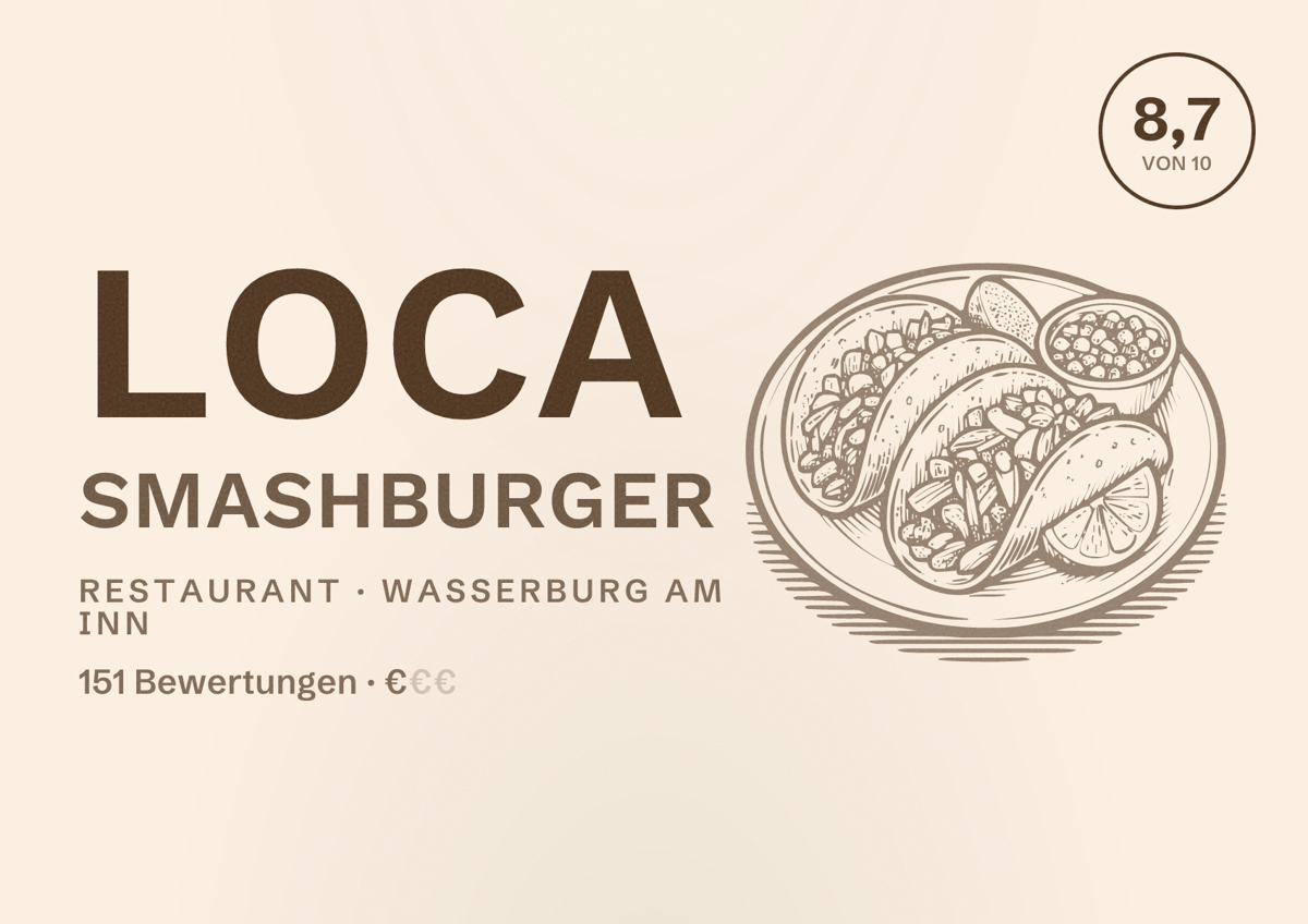 Illustriertes Poster von LOCA SmashBurger, Restaurant in Wasserburg am Inn: Bewertung 8,7 von 10 aus 151 Bewertungen, Preisniveau €
